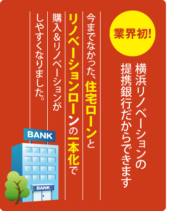 業界初！横浜リノベーションの提携銀行だからできます　今までなかった、住宅ローンとリノベーションローンの一本化で購入＆リノベーションがしやすくなりました。